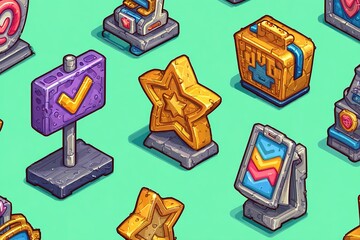 Poster - Colorful collection of game achievement trophies displayed on a vibrant background in a creative art style