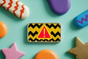 Poster - Brightly colored warning sign surrounded by playful shapes on a teal surface creates a fun yet cautionary atmosphere