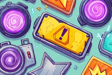 Fototapete - Colorful illustration of various camera icons and warning symbols arranged on a light background