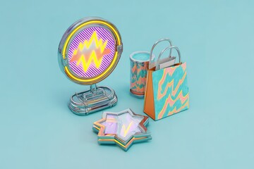 Poster - Colorful display of decorative items on a blue background with vibrant designs enhancing aesthetic appeal