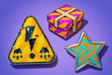 Poster - Colorful decorative symbols showcasing a gift, caution sign, and star design against a vibrant purple background
