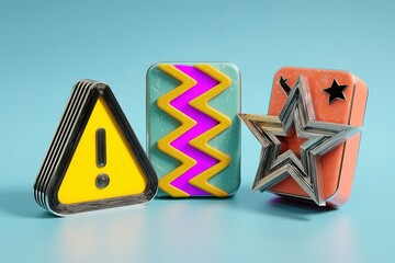 Poster - Colorful warning signs and shapes in vibrant design on a blue background showcasing creativity and playfulness