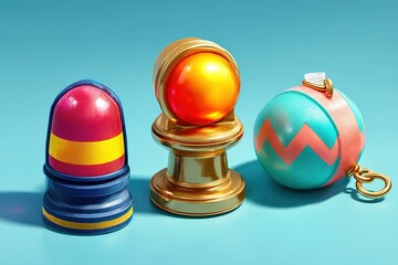 Poster - Colorful decorative objects displayed on a bright blue background showcasing unique shapes and textures