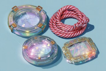 Poster - Colorful transparent containers and a twisted rope displayed on a light blue surface in a creative arrangement