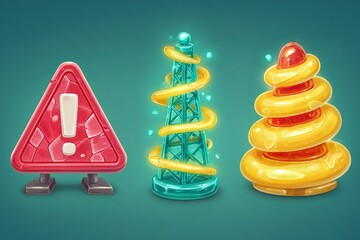 Poster - Colorful 3D art of warning signs and structures with abstract shapes displayed on a turquoise background