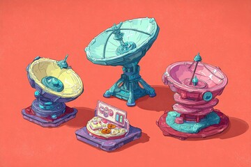 Poster - Colorful satellite dishes in a whimsical design on a bold background showcasing unique craftsmanship and creativity