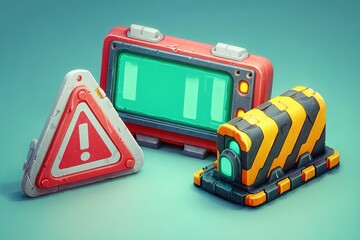 Poster - Colorful 3D warning signs and a monitor display created for an imaginary game environment showcase vibrant design elements