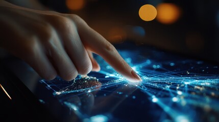 Aufkleber - A hand interacts with a glowing, high-tech interface, creating light patterns and connections, symbolizing technology and innovation.