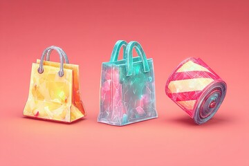 Poster - Colorful transparent bags and roll of wrapping paper against a vibrant background showcasing unique design elements
