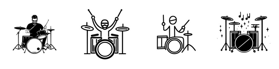 Poster - Illustration of four distinct drummer characters in various styles on a minimalist background