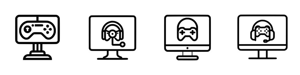 Poster - Vector illustration of gaming icons depicting controller, headset, and monitors in a minimalist design for game enthusiasts and developers