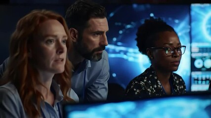 Poster - Cybersecurity Team Analyzing Global Threat Data on Large Screens in Dark Control Room

