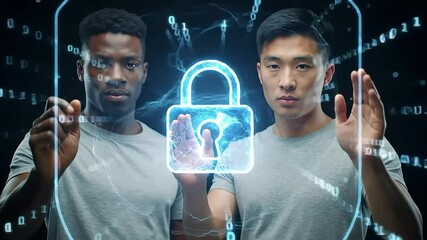 Poster - Digital Shield with Padlock Surrounded by Glowing Data Points Representing Cybersecurity

