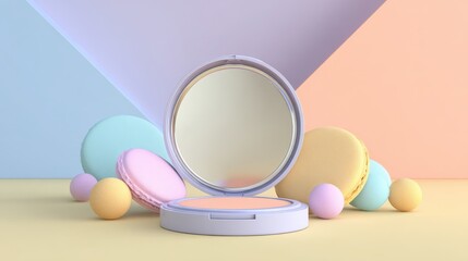 Poster - A pastel-themed cosmetic compact surrounded by colorful macaron-like sweets, set against a geometric backdrop.