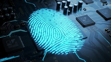 Poster - Neon Blue Fingerprint on Circuit Board Representing Cybersecurity and Digital Identity

