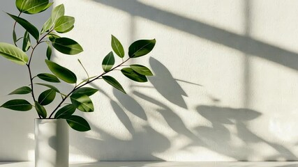 Poster - Minimalist 3d interior featuring potted plant casting soft cozy shadows leaves near sunlit clean window abstract aesthetic background Copy space for text video 4k