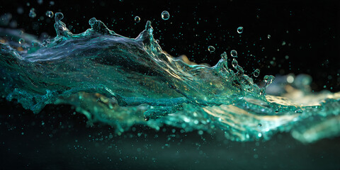 Leinwandbilder - Teal water splash, dynamic wave motion, droplets airborne, dark background, evokes freshness, fluidity, and energy