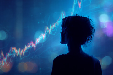 Poster - Silhouette of woman viewing upward trending graph, blue background, symbolizes growth, progress, and future success in business