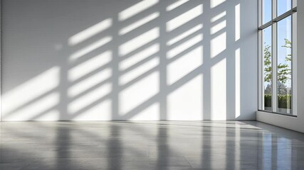Poster - Bright sunlight streaming through large windows, casting soft shadows on pristine white office wall background Copy space for text video 4k