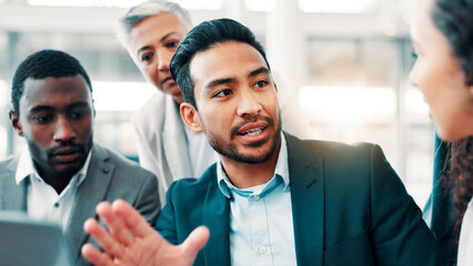 Poster - Businessman, discussion and meeting in office for planning, campaign management and project feedback. Company team, leader and workshop at tech for brainstorming, online presentation and advice