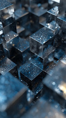 Poster - Close-up of dark blue glass cubes, textured surface, creating a dense and reflective structure, showcasing a modern and technological concept
