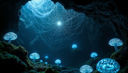 Intricate spiderweb glows within a cavern, illuminated by bioluminescent fungi and shadowed stones.
