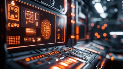 Futuristic control panel interface glowing orange digital displays sci fi technology background