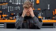 © dinatychynska - Tired mechanic in uniform sitting at workbench with hands on head. Concept of job burnout, stress, exhaustion, and mental fatigue in industrial or technical professions.