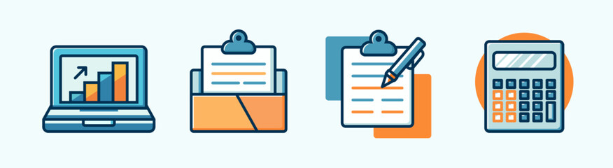 Poster - Business Icon Illustration Set Featuring Laptop with Growth Chart, Clipboard, Pen, and Calculator for Financial Planning and Analysis