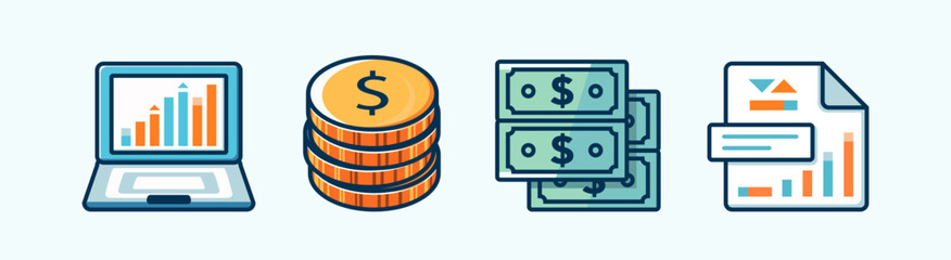 Poster - Business Icon Illustration Set Featuring Computer, Coins, Dollar Bills, and Financial Report Representing Growth and Analytics