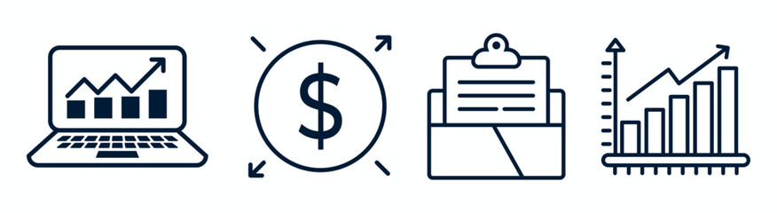 Poster - Business Illustration Icon Set Featuring Laptop Graph, Dollar Sign, Clipboard Report, and Growing Bar Graph Symbols