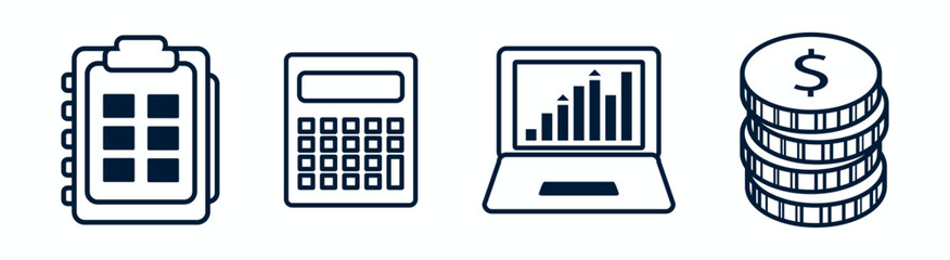Poster - Business Illustration Icon Set Featuring Clipboard, Calculator, Laptop with Graph, and Stacked Coins Symbolizing Finance and Growth Concepts