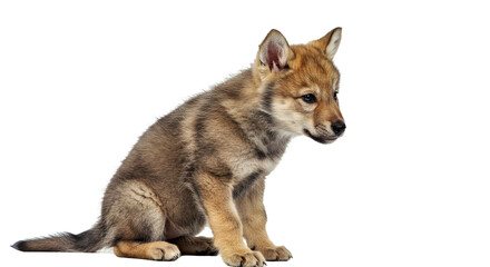  Young Gray Wolf Pup With Soft Gray and Beige Fur, Sitting With Curious Expression, Isolated on White