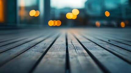 Wooden boardwalk with blurred city lights in background - perspective view