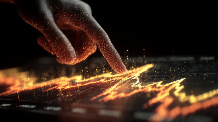 Poster - Glowing fingertip interacts with orange data streams on a dark screen, showcasing digital technology, innovation, and data analysis