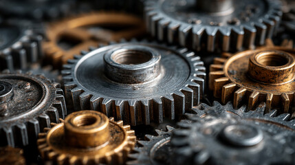 Poster - Close-up of interlocking metal gears, showcasing intricate detail and texture, representing machinery, teamwork, or complex systems