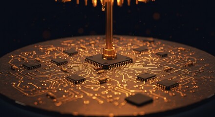 Poster - Golden liquid pours onto a circular surface with embedded square chips.