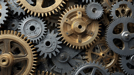 Poster - Close-up of interlocking gold and silver gears, showcasing intricate mechanical detail symbolizing complex systems, precision, and industrial processes