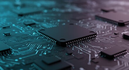 Poster - Close-up of microchips and circuit board with blue and purple lighting.
