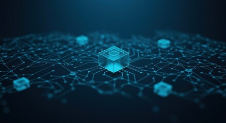 Poster - Abstract network with cubes connected by lines on a dark blue background.