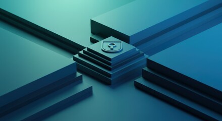 Poster - Abstract geometric shapes with a central square featuring a symbol in blue tones.