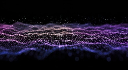 Poster - Abstract digital landscape with flowing waves of purple pink and blue particles.