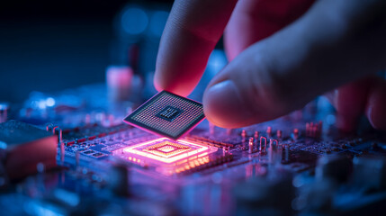 Poster - Close-up of a hand placing microchip onto circuit board, glowing pink and blue, showcasing technological advancement and precision, symbolic of innovation and computing power