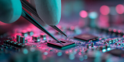 Poster - Close-up of tweezers placing microchip onto circuit board, illuminated with pink and teal light, showcasing precision and technology