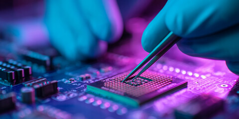 Poster - Close-up of gloved hands using tweezers to place a microprocessor onto a circuit board, illuminated with pink and blue light, showcasing precision and technology