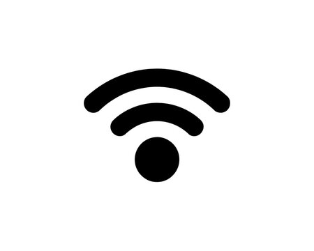 A simple black and white illustration of a wifi symbol on a dark background with curved lines and a circle