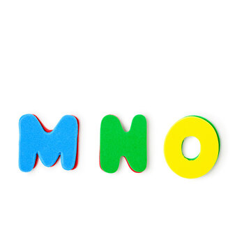 Colorful foam letters M, N, O alphabet isolated on white background. Clipping path.