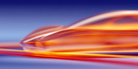 Poster - Abstract transparent car silhouette with glowing orange and yellow light trails on a blue gradient background