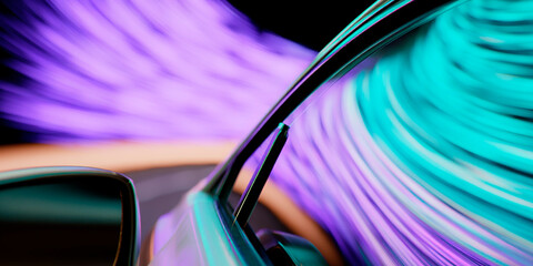 Poster - Close-up of car driving through a tunnel of swirling purple and teal light trails, capturing motion, speed and futuristic road travel from a dynamic perspective
