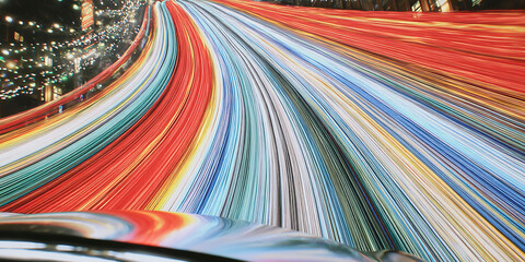 Poster - Colorful light trails curve through a city nightscape in a surreal perspective, creating a vibrant sense of speed, energy and futuristic movement
